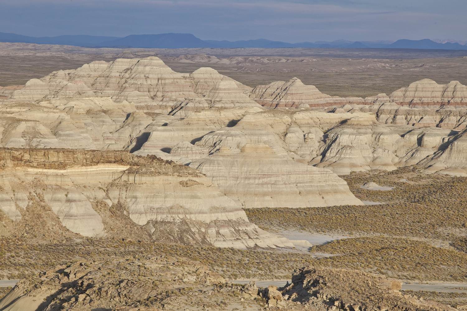 Pale banded badland domes of Adobe Town rising from a bare desert floor with blue hills on the horizon.