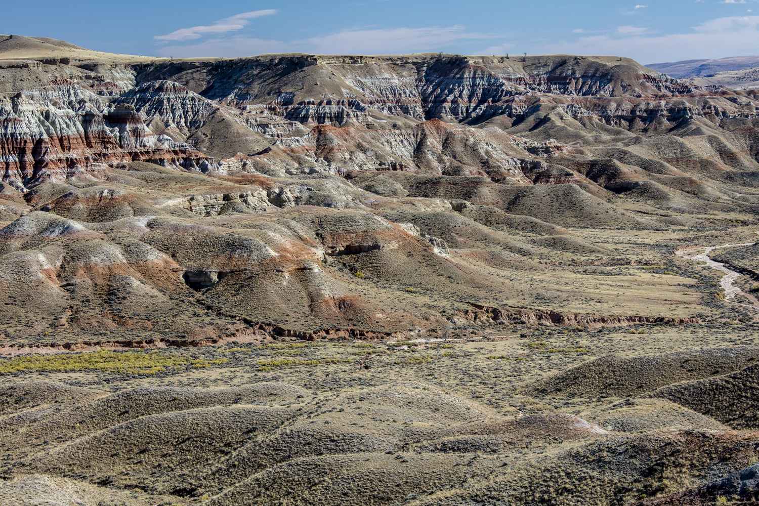 Banded red and grey badland ridges eroded into ribs and gullies above a dry sagebrush basin under a clear sky.